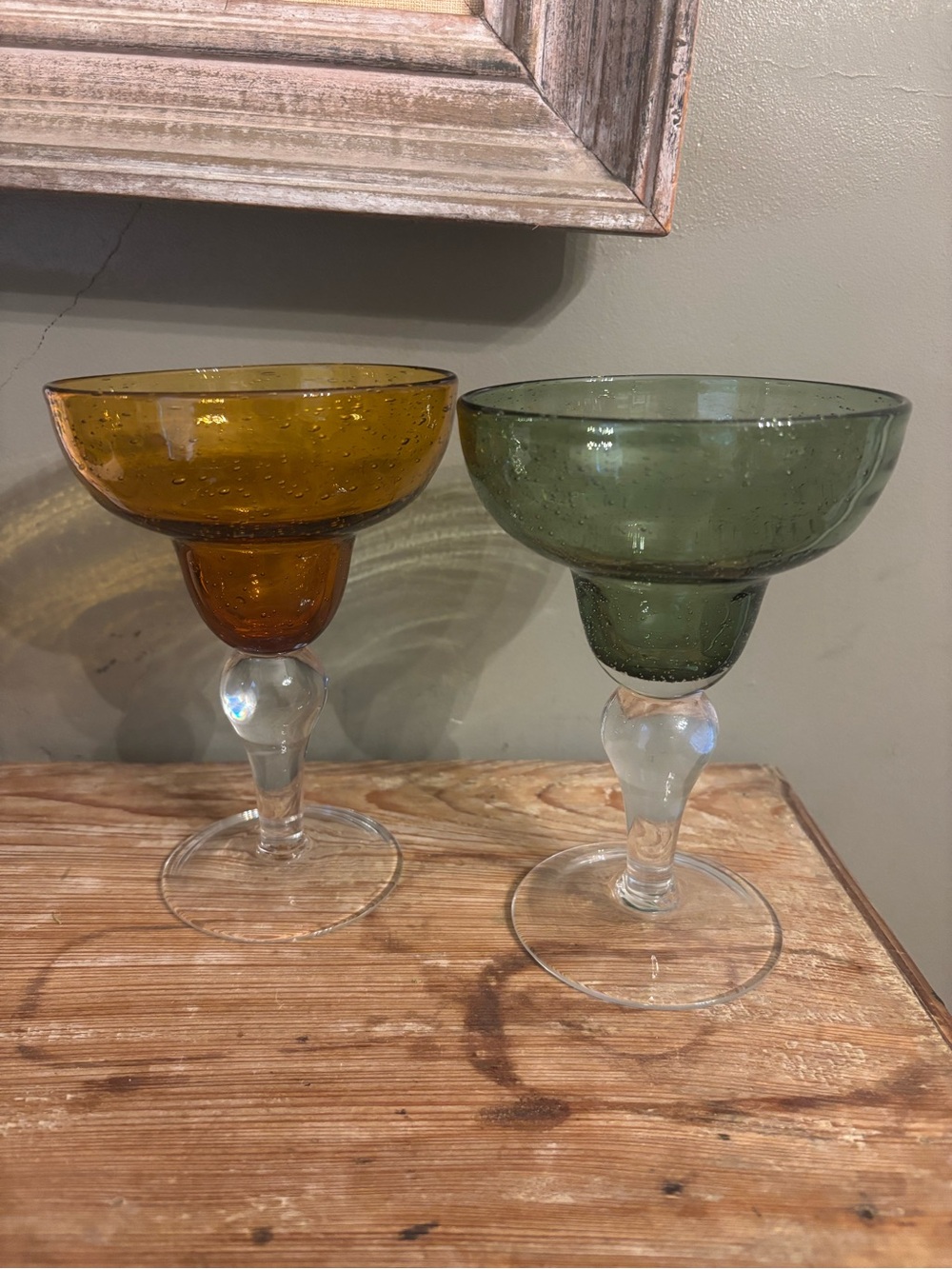 Amber and Olive Bubble Glass Margarita Goblets - Set of 2